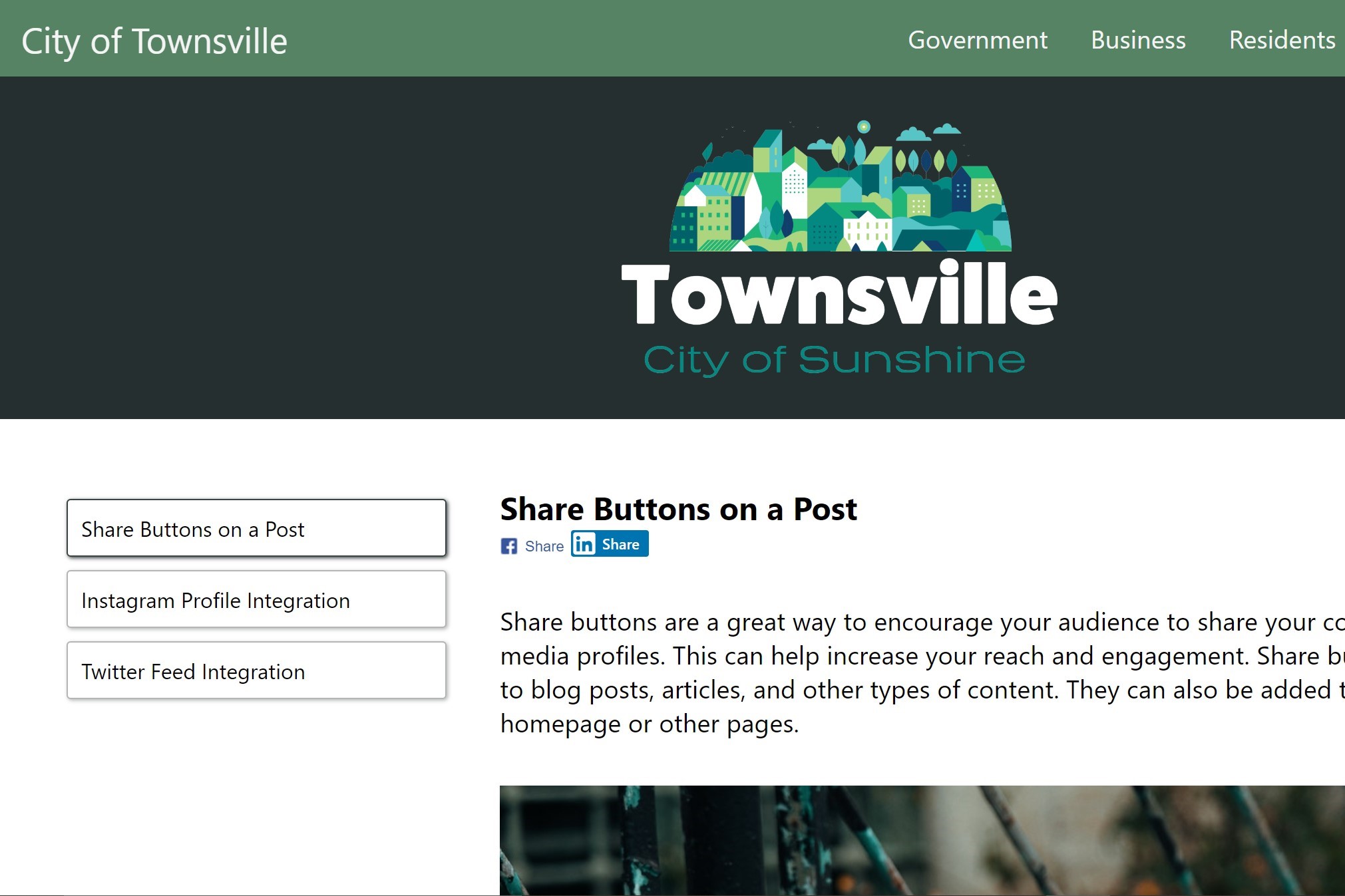 Screenshot of a website titled 'City of Townsville' featuring sections for Government, Business, and Residents. Below the title is a logo depicting buildings and trees. The page content focuses on 'Share Buttons on a Post' with options for social media integration.