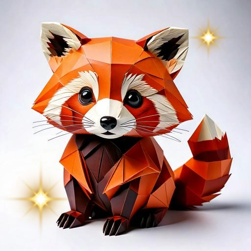 A digital artwork of a red panda crafted from geometric shapes, resembling origami. The panda is vibrant orange with white and black accents, sitting upright. Sparkling stars surround it, adding a whimsical touch.